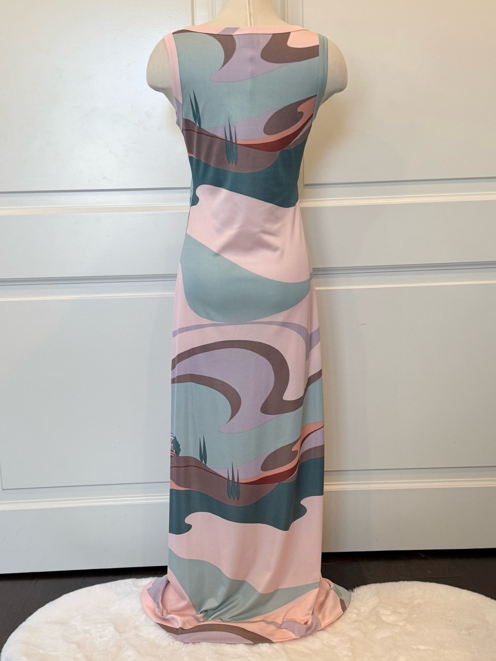 Amazing Vintage Art Nouveau Print Pink 60s 70s Maxi Column Gown Sleeveless Dress - Picture 7 of 10